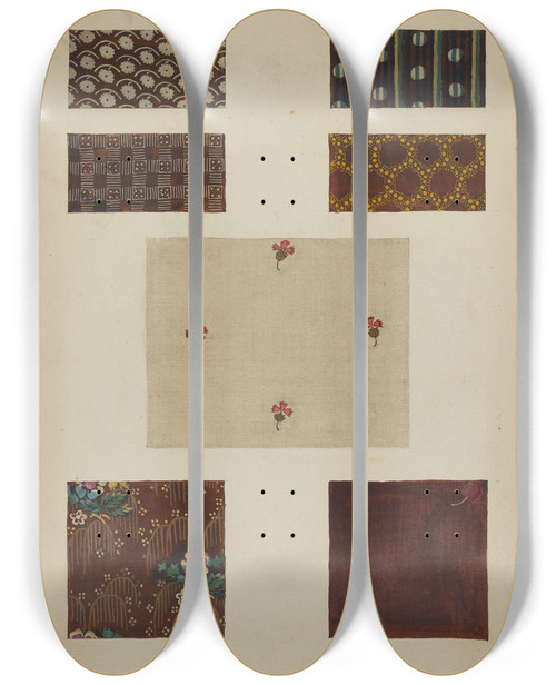 Triptych art skateboard deck of Frances Lichten Materials From Patchwork Bedspread_1 by Frances Lichten (1889-1961)