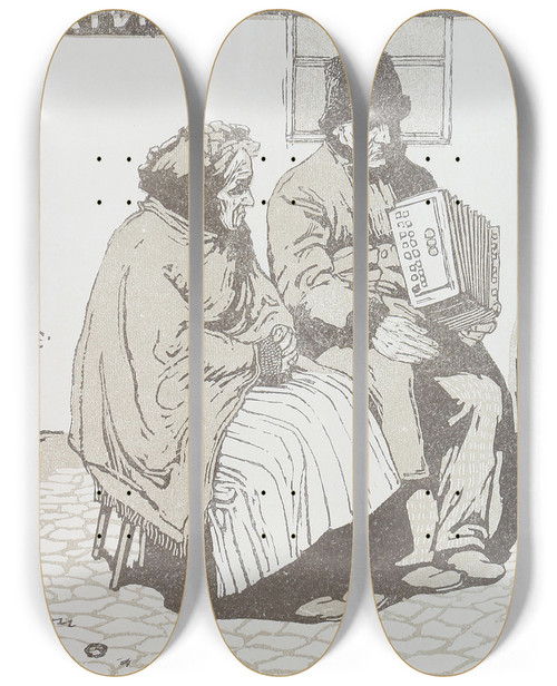 Triptych art skateboard deck of Emil Orlik Alt Prag by Emil Orlik (1870-1932)