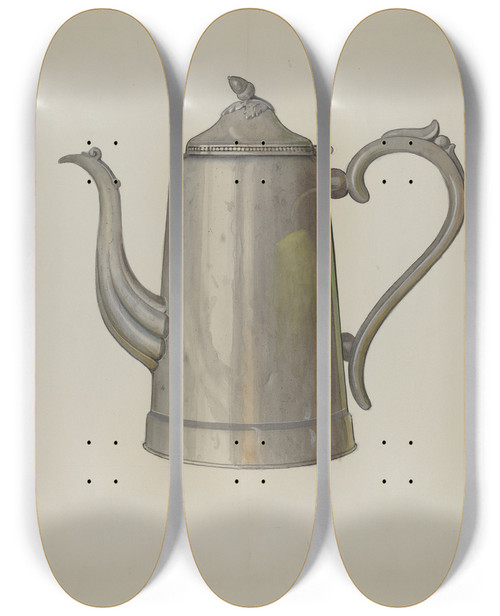 Triptych art skateboard deck of Dana Bartlett Pewter Coffee Pot by Dana Bartlett