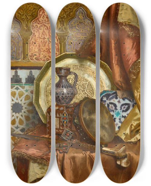 Triptych art skateboard deck of Rudolf Ernst A Still Life With Moroccan Objects by Rudolf Ernst (1854-1932)