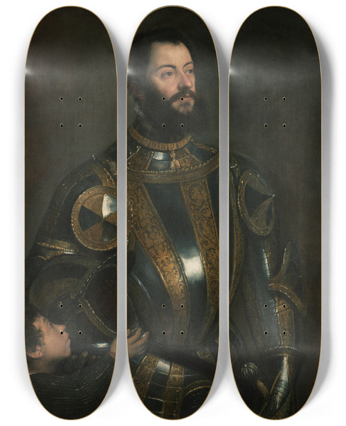 Triptych art skateboard deck of Titian Portrait Of Alfonso Davalos Marchese Del Vasto In Armor With A Page by Titian (1488-1576)
