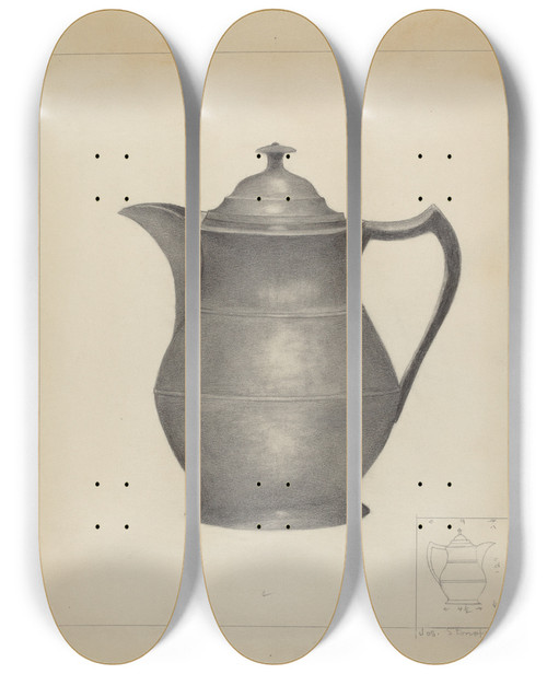 Triptych art skateboard deck of Joseph Stonefield Pewter Covered Water Pitcher by Joseph Stonefield