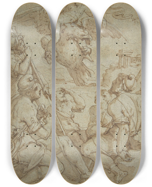 Triptych art skateboard deck of Giorgio Vasari The Abduction Of Ganymede by Giorgio Vasari (1511-1574)