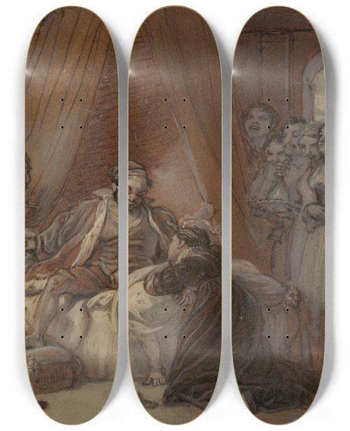 Triptych art skateboard deck of Robert Smirke Christopher Sly And The Page As His Wife by Robert Smirke (1752-1845)