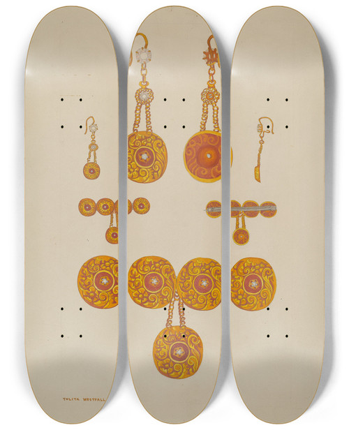 Triptych art skateboard deck of Tulita Westfall Earrings And Brooch by Tulita Westfall