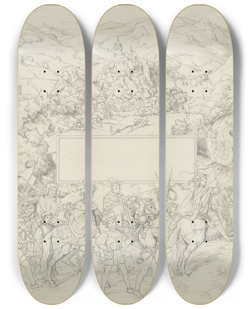 Triptych art skateboard deck of Wilhelm Steinhausen Procession Of Knights by Wilhelm Steinhausen (1846-1924)