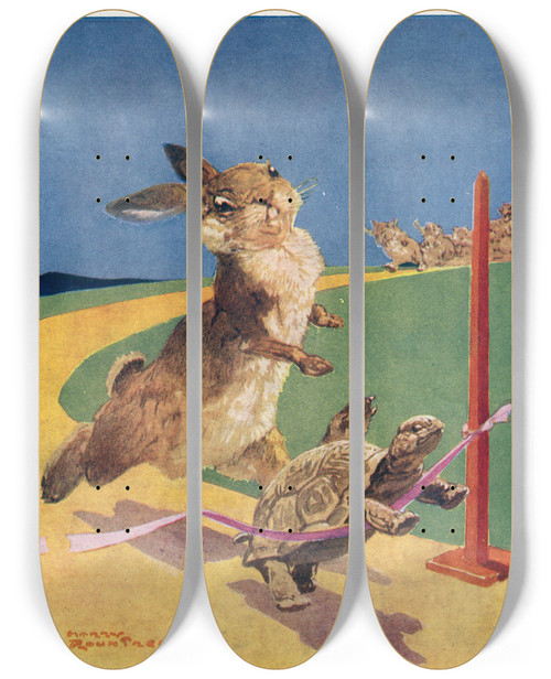 Triptych art skateboard deck of Harry Rountree Slow And Steady Wins The Race by Harry Rountree (1878-1950)