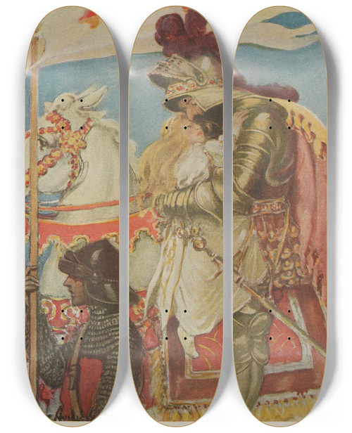 Triptych art skateboard deck of Jessie Willcox Smith In An Instant She Was On The Saddle And Clasped In His Great Strong Arms by Jessie Willcox Smith (1863-1935)