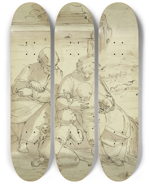 Triptych art skateboard deck of Luca Cambiaso Die Heilige Familie Mit Dem Johannesknaben Vor Einer Mauer Mit Sulenfu by Luca Cambiaso (1527-1585)