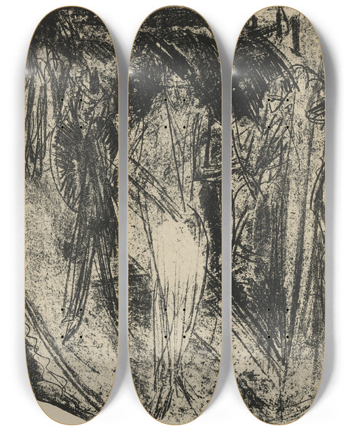 Triptych art skateboard deck of Ernst Ludwig Kirchner Dame Im Regen by Ernst Ludwig Kirchner (1880-1938)