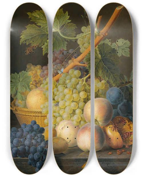 Triptych art skateboard deck of Jan Frans Van Dael A Still Life With Grapes Andpeaches In A Basket An Open Pomegranate Plums Black Grapes And More Peaches Allon A Marble Ledge by Jan Frans Van Dael (1764-1840)