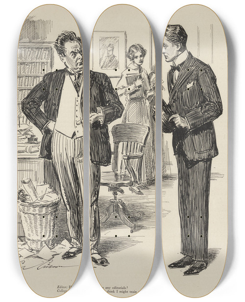 Triptych art skateboard deck of Charles Dana Gibson Editor Have You Ever Written Any Editorials by Charles Dana Gibson (1867-1944)