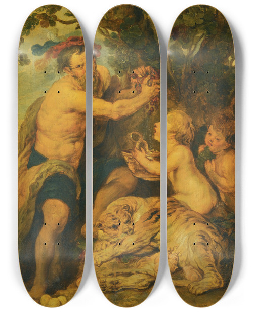 Triptych art skateboard deck of Follower Of Peter Paul Rubens A Drinking Man With Putti And A Tiger by Follower Of Peter Paul Rubens (1577-1640)