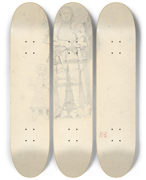 Triptych art skateboard deck of Eugne Delacroix Tomb Effigies A Man In A Suit Of Armor Beside A Child by Eugene Delacroix (1798-1863)