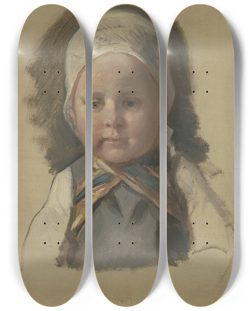 Triptych art skateboard deck of Jakob Becker Kleines Kind Mit Weiem Hubchen_1 by Jakob Becker (1810-1872)