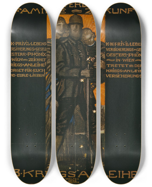 Triptych art skateboard deck of Walter Ditz Vaterland Familie Zukunft 8 Kriegsanleihe by Walter Ditz (1887-1925)