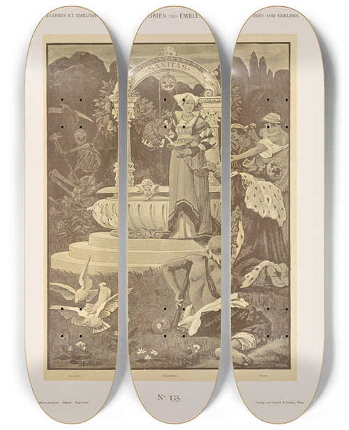 Triptych art skateboard deck of Albert Ilg Allegorien Und Embleme Vol I Pl159 by Albert Ilg (1847-1896)