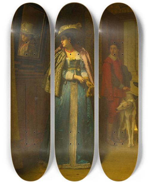 Triptych art skateboard deck of Florent Willems A Sideways Glance by Florent Willems (1823-1905)