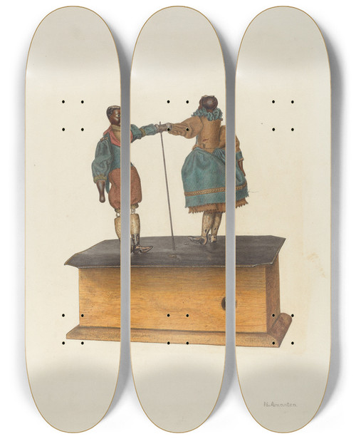 Triptych art skateboard deck of Nicholas Amantea Mechanically Operated Toy by Nicholas Amantea (1900-1978)