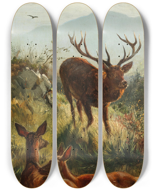 Triptych art skateboard deck of Carl Friedrich Deiker Hirsch Und Hirschkhe Am Hgel by Carl Friedrich Deiker (1836-1892)