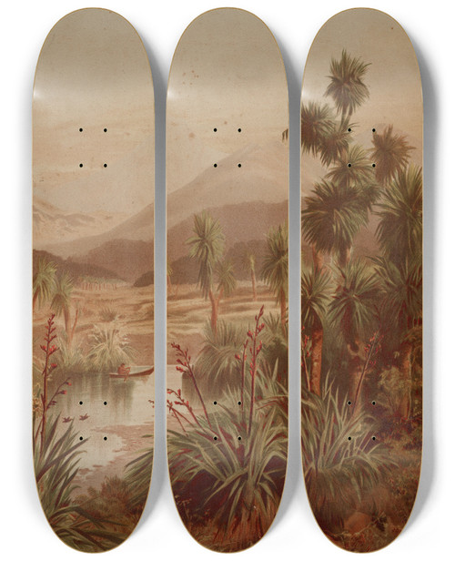 Triptych art skateboard deck of John Gully Quiet Reach Of The Motueka River With Table Mountain In Background On West Side Of Blind Bay Nelson by John Gully (1819-1888)