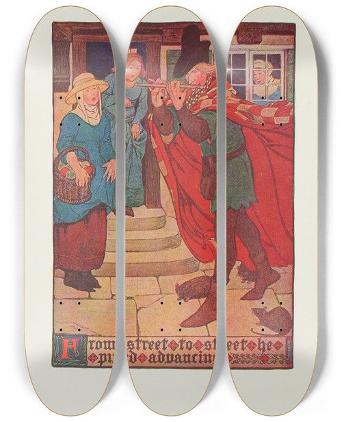 Triptych art skateboard deck of Hope Dunlap From Street To Street He Piped Advancing by Hope Dunlap