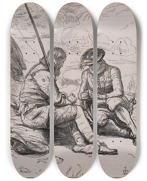 Triptych art skateboard deck of Sir John Everett Millais The Anglers Of The Dovestansbury And Felton Sort The Prey by Sir John Everett Millais (1829-1896)