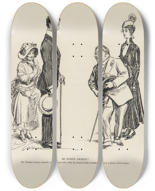 Triptych art skateboard deck of Charles Dana Gibson Do Women Propose by Charles Dana Gibson (1867-1944)