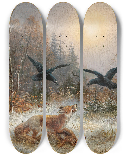 Triptych art skateboard deck of Moritz Mller Ein Fuchs Verteidigt Seine Beute by Moritz Melzer (1841-1899)