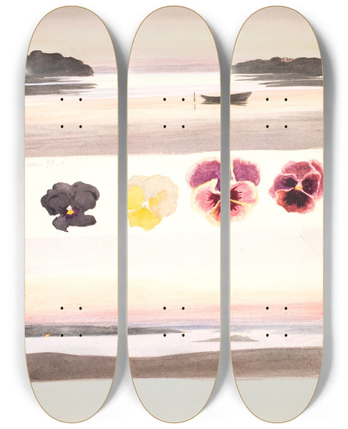 Triptych art skateboard deck of Agnes Slottmller To Aftenlandskaber Adskilt Af Studier Af Blomster by Agnes Slott-Mller (1862-1937)