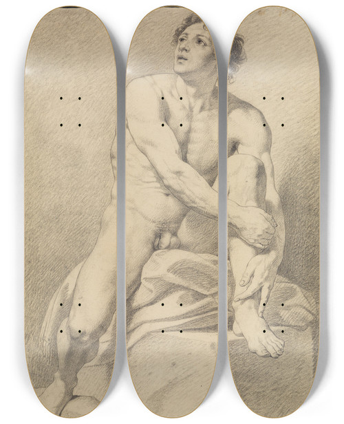 Triptych art skateboard deck of Philipp Jakob Becker Sitzender Das Linke Bein Hochgestellt Und Mit Beiden Hnden Umfat by Philipp Jakob Becker