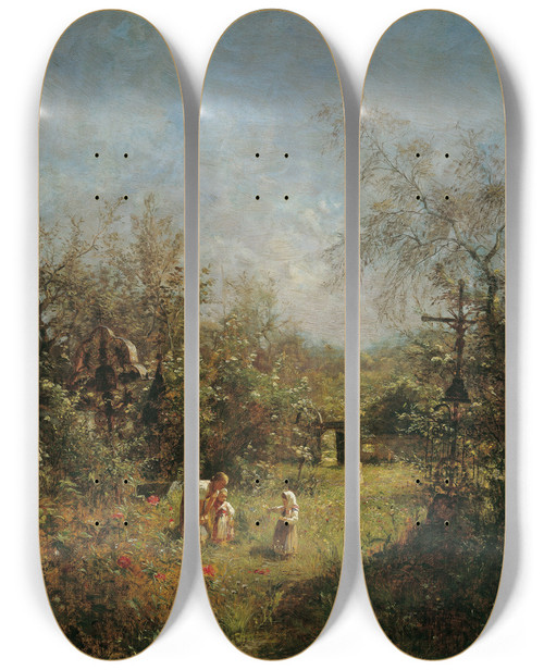 Triptych art skateboard deck of Olga Wisingerflorian Verfallener Friedhof In Goisern by Olga Wisinger-Florian (1844-1926)