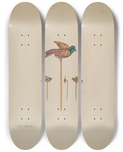 Triptych art skateboard deck of Tulita Westfall Bird Stick Pin by Tulita Westfall