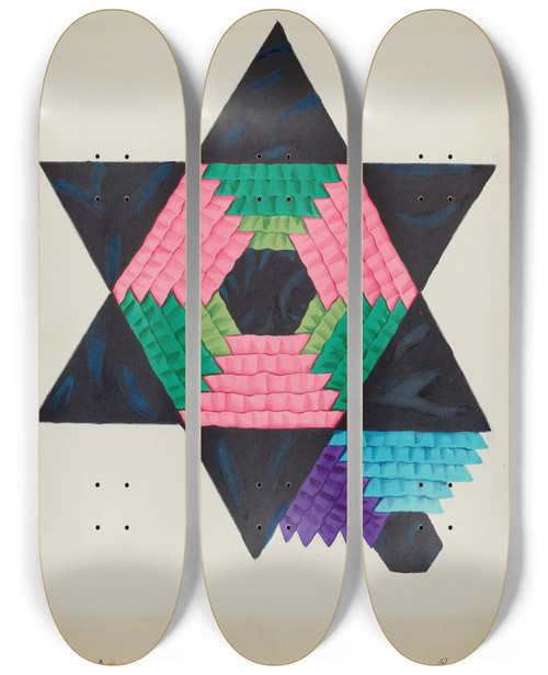 Triptych art skateboard deck of Ruth M Barnes Block From Bedspread_1 by Ruth M Barnes
