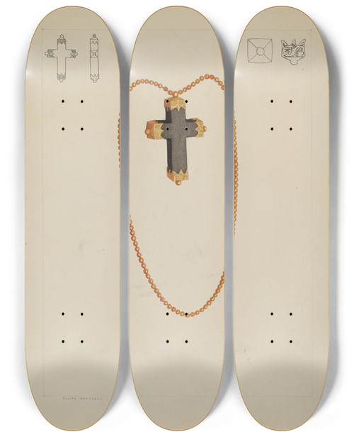 Triptych art skateboard deck of Tulita Westfall Cross Necklace by Tulita Westfall