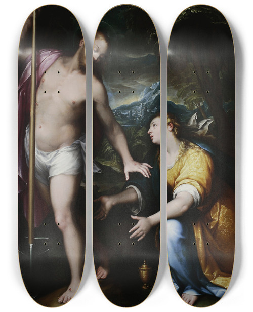 Triptych art skateboard deck of Denys Calvaert Noli Me Tangere Resurrected Christ Appearing To Mary Magdalene John 201417 by Denys Calvaert (1540-1619)