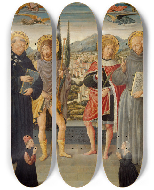 Triptych art skateboard deck of Benozzo Gozzoli Saints Nicholas Of Tolentino Roch Sebastian And Bernardino Of Siena With Kneeling Donors by Benozzo Gozzoli (1421-1497)