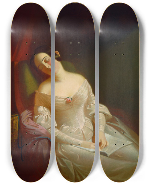 Triptych art skateboard deck of George Caleb Bingham The Dull Story by George Caleb Bingham (1811-1879)