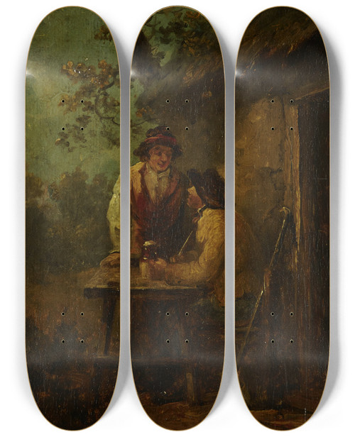 Triptych art skateboard deck of George Morland Peasants In Front Of A Hut by George Morland (1763-1804)