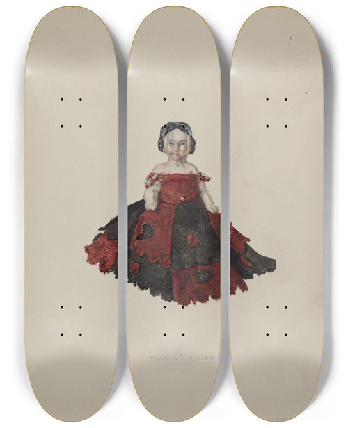 Triptych art skateboard deck of Eugene C Miller Pen Wiper Doll by Eugene C Miller