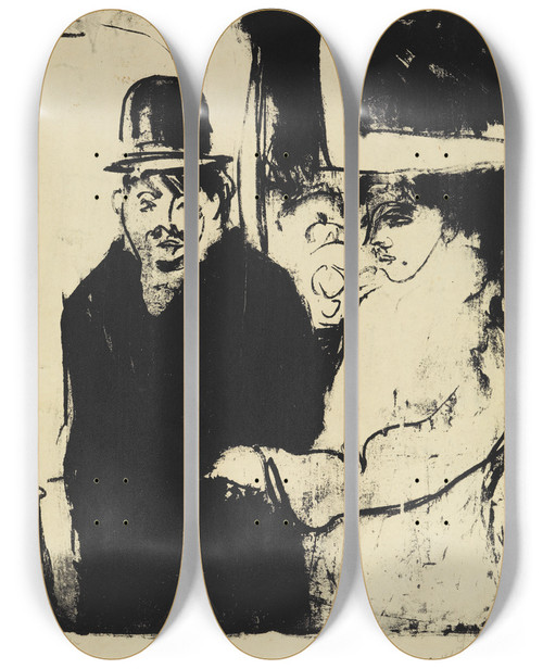 Triptych art skateboard deck of Ernst Ludwig Kirchner Kokotte Und Zuhlter by Ernst Ludwig Kirchner (1880-1938)