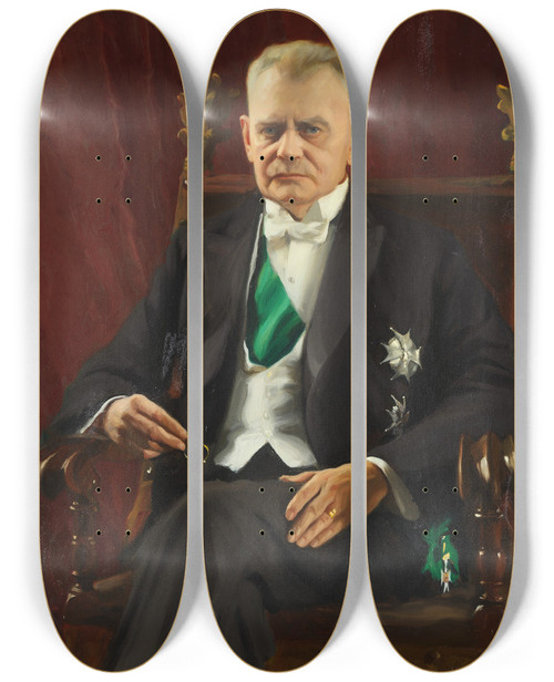 Triptych art skateboard deck of Bernhard Sterman Portrait Of The Governor Henning Elmquist by Bernhard Osterman (1870-1938)