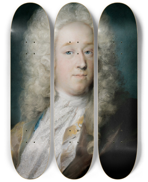 Triptych art skateboard deck of Rosalba Carriera A Gentleman In A Gold Patterned Coat And Violetbrown Cape by Rosalba Carriera (1675-1757)