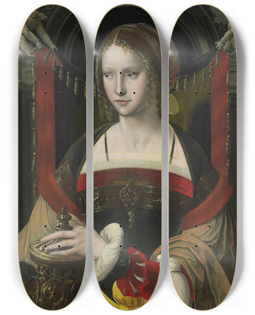 Triptych art skateboard deck of The Master Of The Parrot Saint Mary Magdalene Before A Curtain Supported By Angels In An Architectural Niche by The Master of the Parrot (1520-1540)