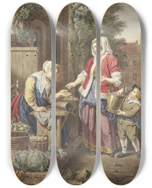 Triptych art skateboard deck of Jacobus Buys Eine Dame Mit Einem Knaben Kauft Pfel Ein by Jacobus Buys (1724-1801)