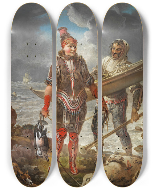 Triptych art skateboard deck of Christian August Lorentzen En Grnlandsk Fisker Og Fiskerinde Efter Naturen by Christian August Lorentzen (1749-1828)