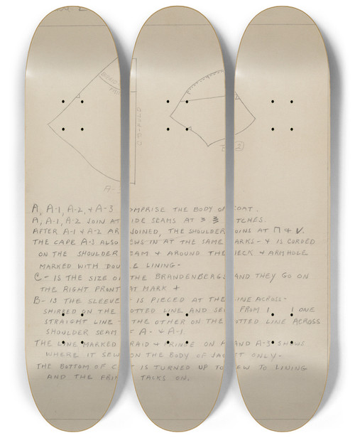 Triptych art skateboard deck of Emery Herrett Coat Pattern by Emery Herrett