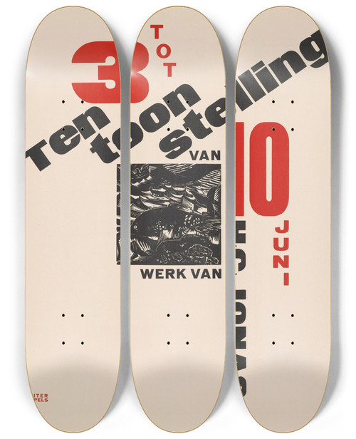Triptych art skateboard deck of Henri Jonas Affiche Voor Een Tentoonstelling Van Werk Hc Jonas 3 Tot 10 Juni Met Prent Van Walvis En Schipbreukeling by Henri Jonas (1878-1944)