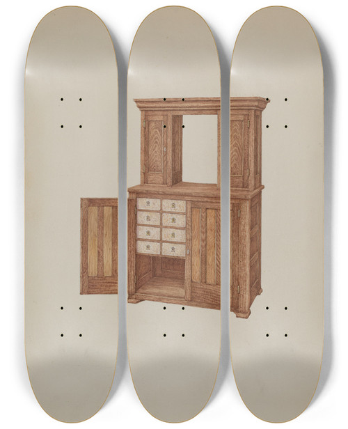 Triptych art skateboard deck of William Kieckhofel Cabinet With Ivory Keyholes_1 by William Kieckhofel (20-)