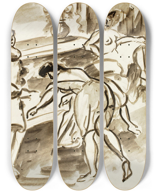 Triptych art skateboard deck of Carl Newman Three Women by Carl Newman (1858-1932)